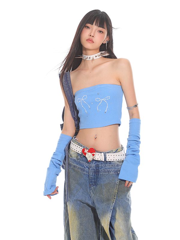 Sweet Style Strapless Crop Top and Sleeve Set with Bowknot, Pearl, and Rhinestone Details â€“ Perfect for Early Autumn Fashion
