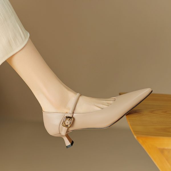 Textured Cowhide Non-Slip Stiletto Heels - 2025 Spring/Summer Pointed Toe Leather Pumps for Elegant Style