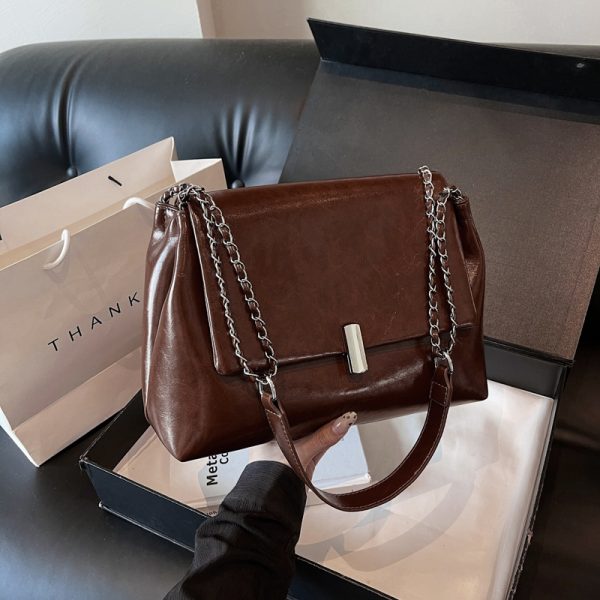 Textured High-End Tote Bag with Shiny Chain Shoulder Strap - Stylish Versatile Commuting School Bag for 2025