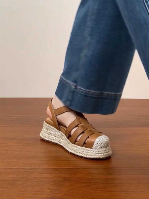 Thick Sole Open-Toe Sandals for Women - Summer 2025 Roman Style Hollow Pig Cage Cowhide Footwear