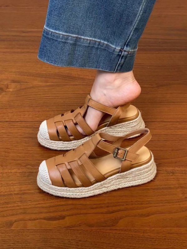 Thick Sole Open-Toe Sandals for Women - Summer 2025 Roman Style Hollow Pig Cage Cowhide Footwear