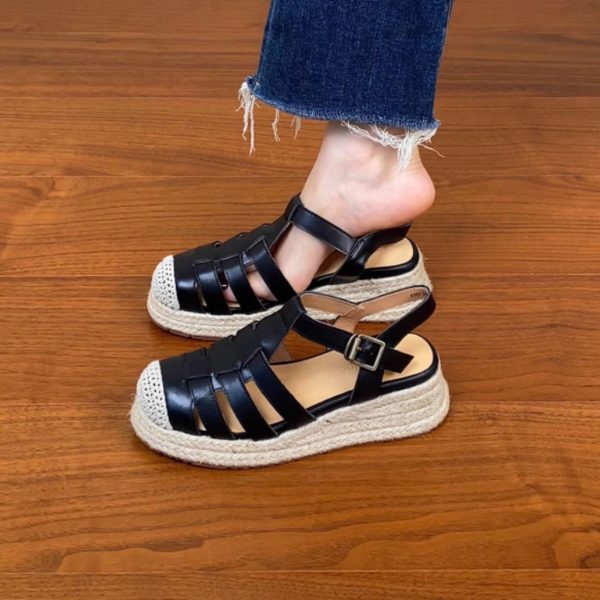 Thick Sole Open-Toe Sandals for Women - Summer 2025 Roman Style Hollow Pig Cage Cowhide Footwear
