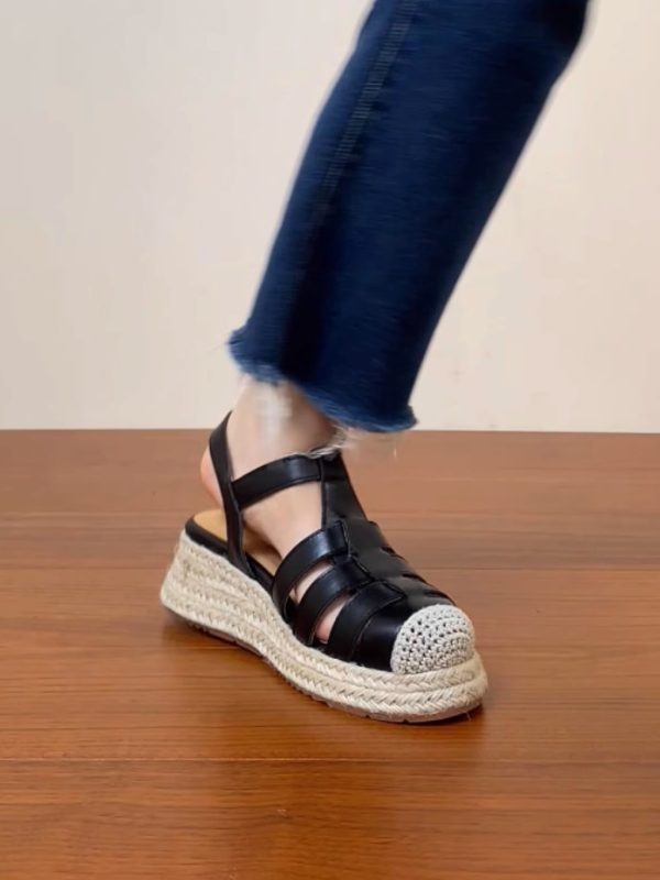 Thick Sole Open-Toe Sandals for Women - Summer 2025 Roman Style Hollow Pig Cage Cowhide Footwear