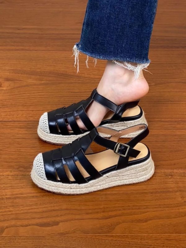 Thick Sole Open-Toe Sandals for Women - Summer 2025 Roman Style Hollow Pig Cage Cowhide Footwear