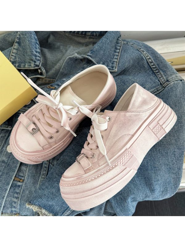 Thick-Soled Sheepskin Lace-Up Vintage White Sneakers for Women - Versatile Sports Casual Shoes, Trendy 90s Style