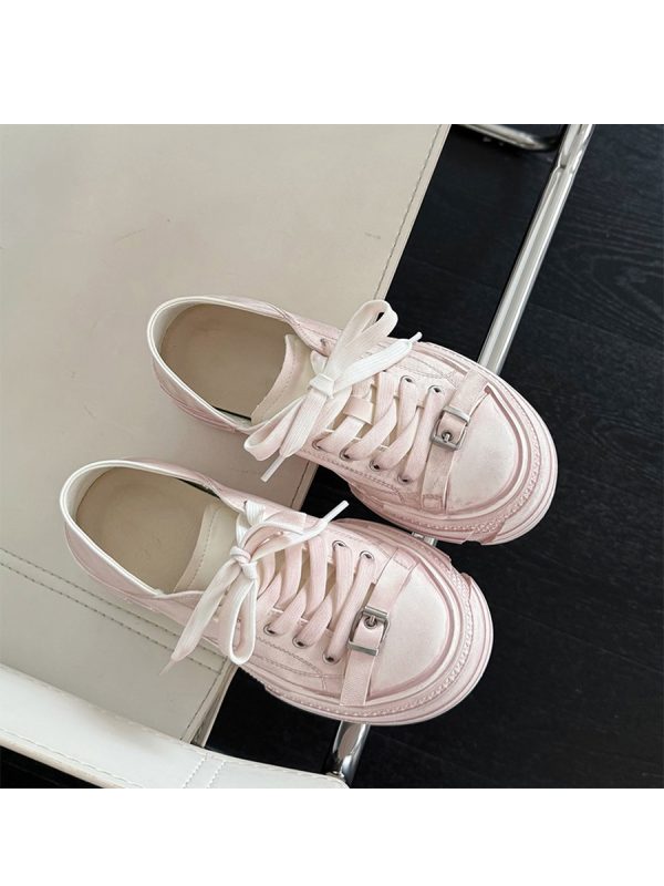 Thick-Soled Sheepskin Lace-Up Vintage White Sneakers for Women - Versatile Sports Casual Shoes, Trendy 90s Style