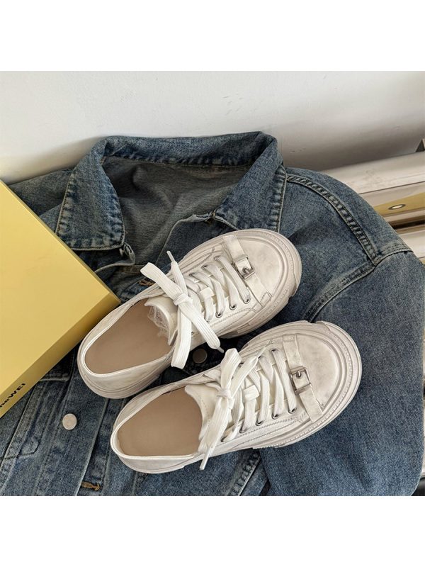 Thick-Soled Sheepskin Lace-Up Vintage White Sneakers for Women - Versatile Sports Casual Shoes, Trendy 90s Style