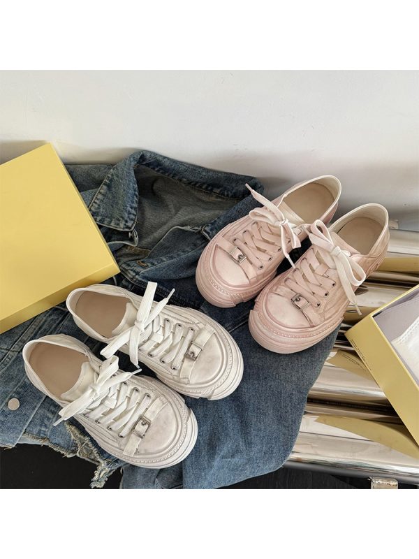Thick-Soled Sheepskin Lace-Up Vintage White Sneakers for Women - Versatile Sports Casual Shoes, Trendy 90s Style