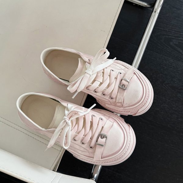 Thick-Soled Sheepskin Lace-Up Vintage White Sneakers for Women - Versatile Sports Casual Shoes, Trendy 90s Style