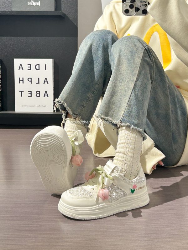 Thick-Soled Tulip Flower Design Women's Shoes, Breathable Summer Sports Footwear, Versatile Little White Sneakers