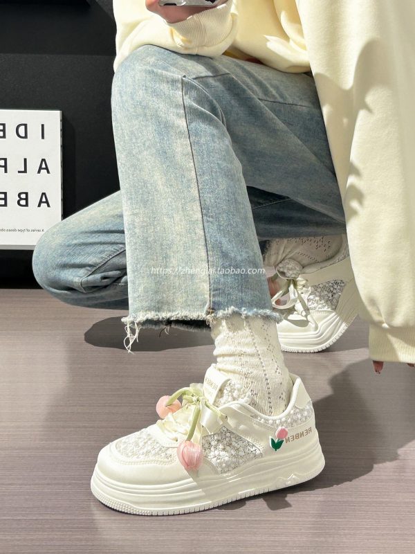 Thick-Soled Tulip Flower Design Women's Shoes, Breathable Summer Sports Footwear, Versatile Little White Sneakers