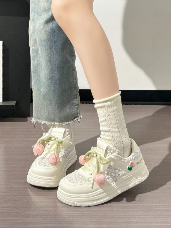 Thick-Soled Tulip Flower Design Women's Shoes, Breathable Summer Sports Footwear, Versatile Little White Sneakers