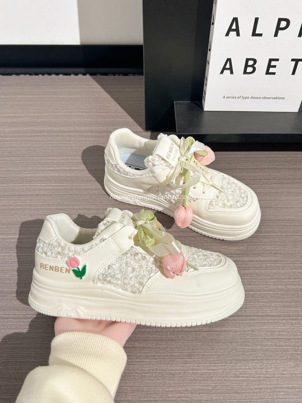 Thick-Soled Tulip Flower Design Women's Shoes, Breathable Summer Sports Footwear, Versatile Little White Sneakers