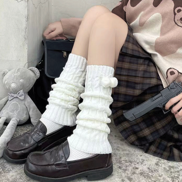 Thickened Warm White Mid-Calf Knitted Leg Warmers for Autumn & Winter - Japanese JK Style