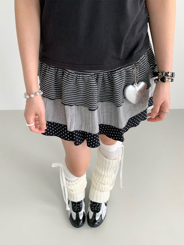Three-Piece Women's Summer A-Line Polka Dot and Striped Pleated Cake Skirt - Trendy Patchwork Design for a Chic Look