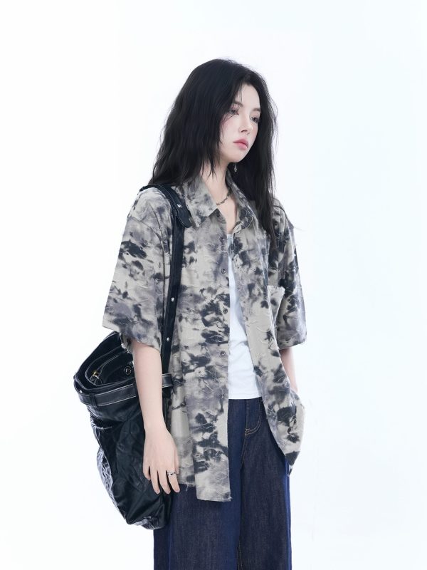 Tie-Dye Textured Short Sleeve Shirt for Women, Summer Loose Lightweight Blouse, Casual 90s Y2K Style Top