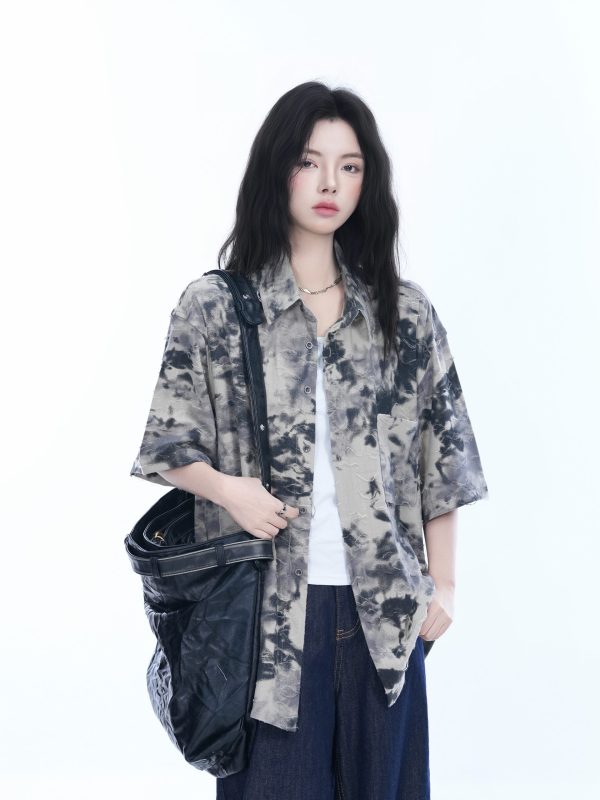 Tie-Dye Textured Short Sleeve Shirt for Women, Summer Loose Lightweight Blouse, Casual 90s Y2K Style Top