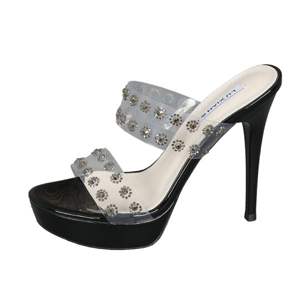 Transparent High-Heeled Sandals for Women with Rhinestones, Thin Heel, Waterproof Platform, Super High Fashion for Outdoor Wear