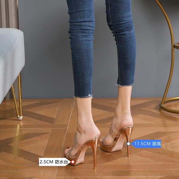 Transparent High-Heeled Sandals for Women with Rhinestones, Thin Heel, Waterproof Platform, Super High Fashion for Outdoor Wear