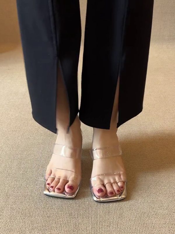 Transparent One-Strap Sheepskin Sandals for Women - Summer High Heels, Fashionable Outdoor Footwear to Pair with Skirts