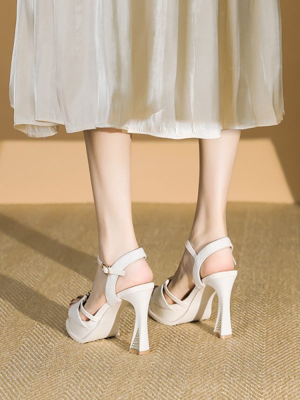 Trendy 2025 Summer Rhinestone High Heels for Women, Chunky Platform, One-Strap Buckle, Thick-Soled Peep-Toe Sandals