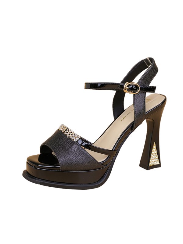 Trendy 2025 Summer Rhinestone High Heels for Women, Chunky Platform, One-Strap Buckle, Thick-Soled Peep-Toe Sandals