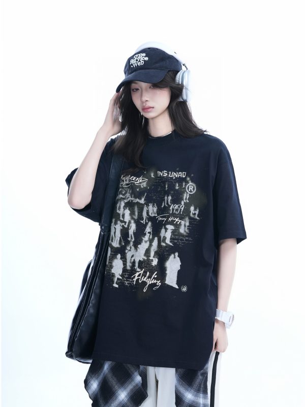 Trendy American Street Style Graffiti T-Shirt for Women, Loose Fit Boyfriend Style, Pure Cotton, Summer Short Sleeve Top