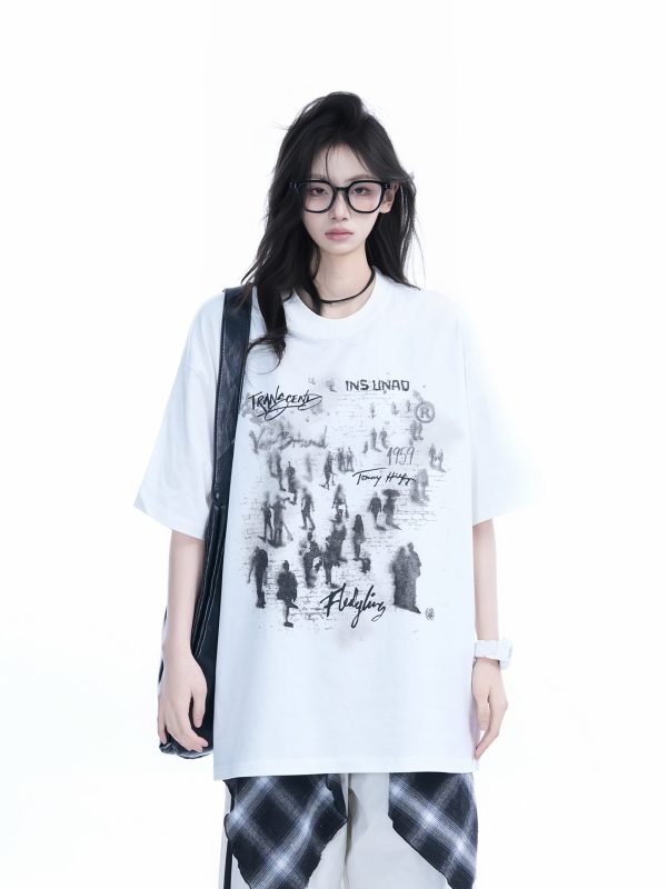 Trendy American Street Style Graffiti T-Shirt for Women, Loose Fit Boyfriend Style, Pure Cotton, Summer Short Sleeve Top
