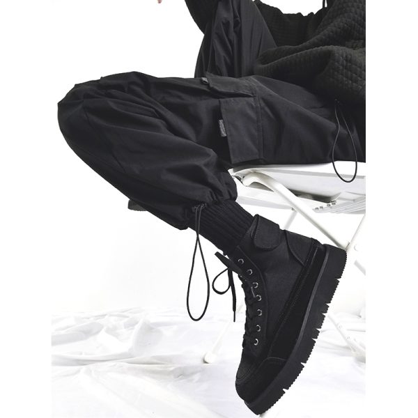 Trendy Black High-Top Martin Boots for Men, British-Style Canvas Motorcycle Sneakers, Functional Hong Kong Fashion