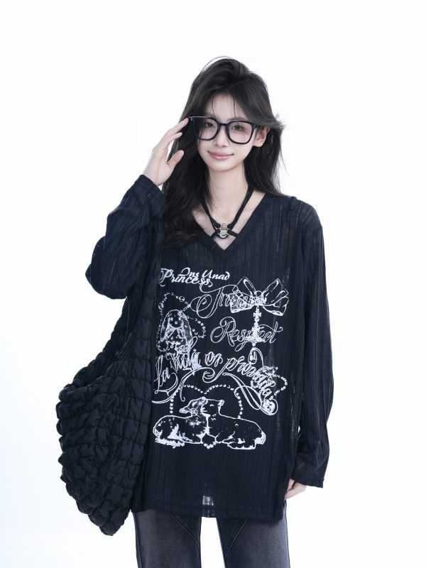 Trendy Black Long Sleeve Graffiti Neck-Covering Sunscreen Shirt for Women - Sweet Cool Spicy Girl Style