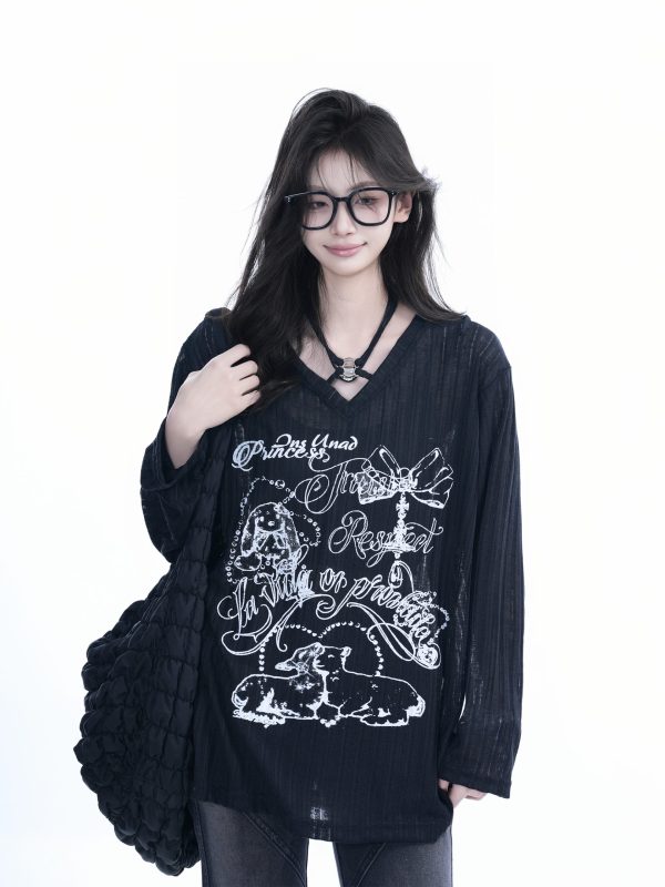 Trendy Black Long Sleeve Graffiti Neck-Covering Sunscreen Shirt for Women - Sweet Cool Spicy Girl Style