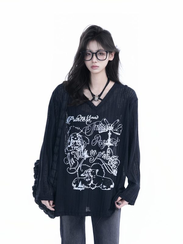 Trendy Black Long Sleeve Graffiti Neck-Covering Sunscreen Shirt for Women - Sweet Cool Spicy Girl Style