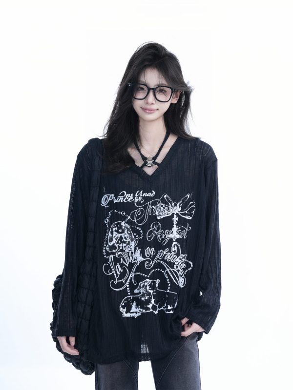 Trendy Black Long Sleeve Graffiti Neck-Covering Sunscreen Shirt for Women - Sweet Cool Spicy Girl Style