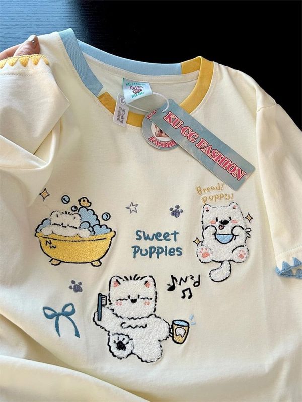 Trendy Color-Block Embroidered Cute Cat Short Sleeve T-Shirt for Women - Summer Fashion Must-Have