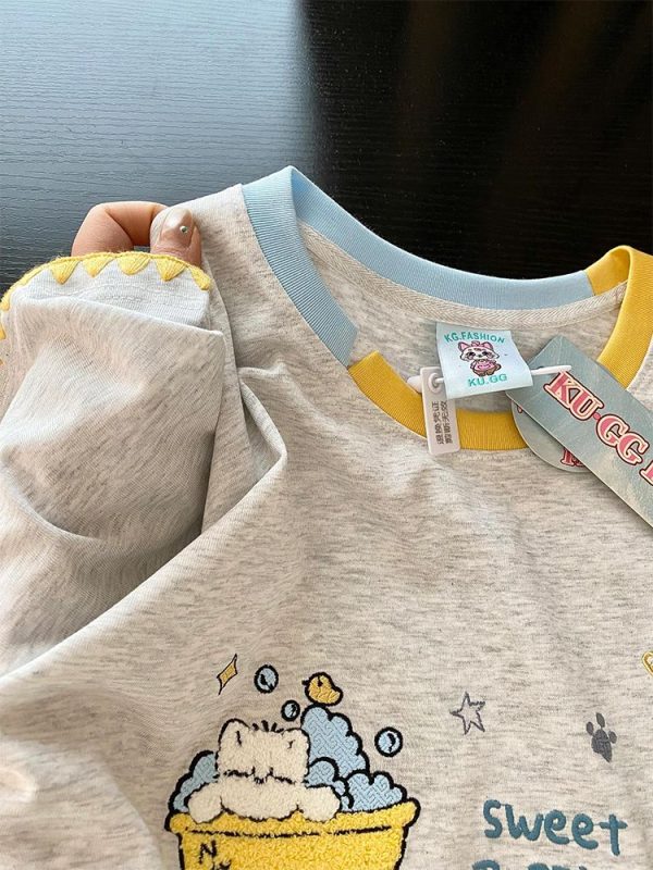 Trendy Color-Block Embroidered Cute Cat Short Sleeve T-Shirt for Women - Summer Fashion Must-Have