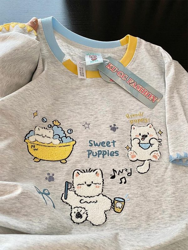 Trendy Color-Block Embroidered Cute Cat Short Sleeve T-Shirt for Women - Summer Fashion Must-Have