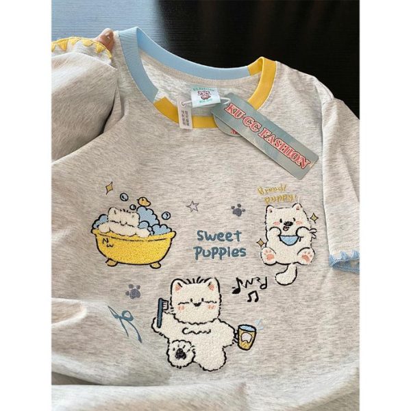 Trendy Color-Block Embroidered Cute Cat Short Sleeve T-Shirt for Women - Summer Fashion Must-Have