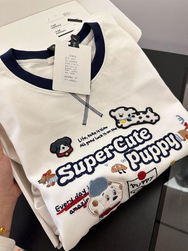 Trendy Color-Block Embroidered Dog Cartoon Short Sleeve T-Shirt for Women - Summer 2025 Patchwork Style Top