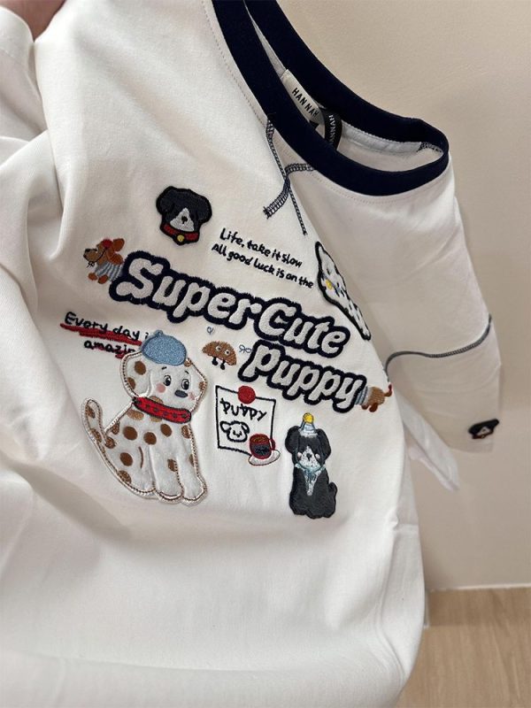 Trendy Color-Block Embroidered Dog Cartoon Short Sleeve T-Shirt for Women - Summer 2025 Patchwork Style Top