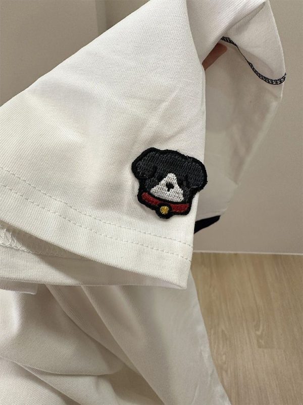 Trendy Color-Block Embroidered Dog Cartoon Short Sleeve T-Shirt for Women - Summer 2025 Patchwork Style Top