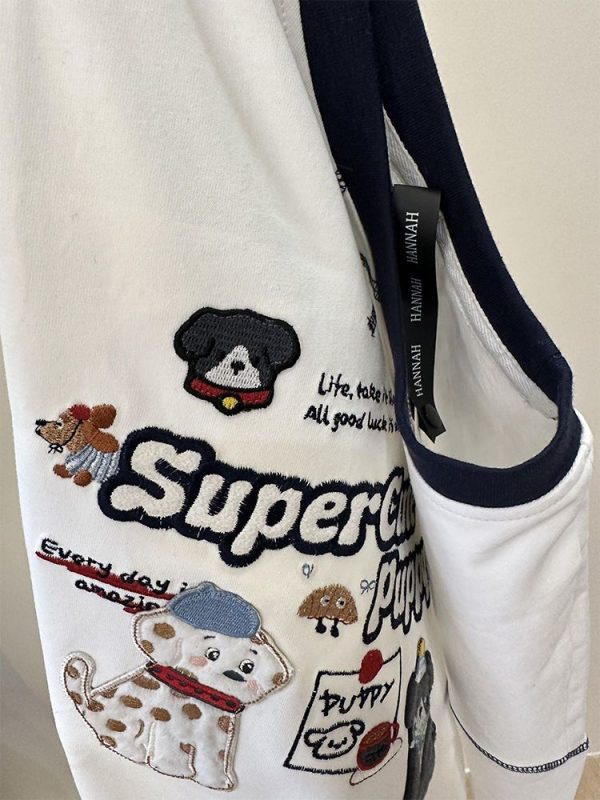 Trendy Color-Block Embroidered Dog Cartoon Short Sleeve T-Shirt for Women - Summer 2025 Patchwork Style Top