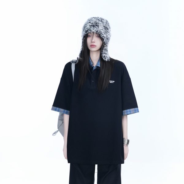 Trendy Fake Two-Piece Plaid Spliced Lapel Short Sleeve T-Shirt for Women - Loose Fit, Niche Design, Y2K Style