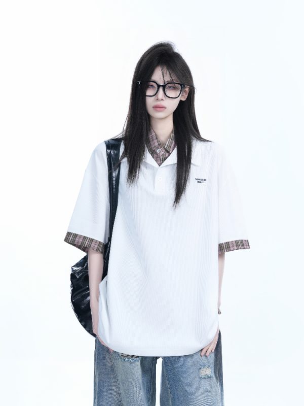 Trendy Fake Two-Piece Plaid Spliced Lapel Short Sleeve T-Shirt for Women - Loose Fit, Niche Design, Y2K Style