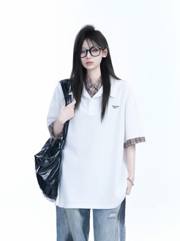 Trendy Fake Two-Piece Plaid Spliced Lapel Short Sleeve T-Shirt for Women - Loose Fit, Niche Design, Y2K Style