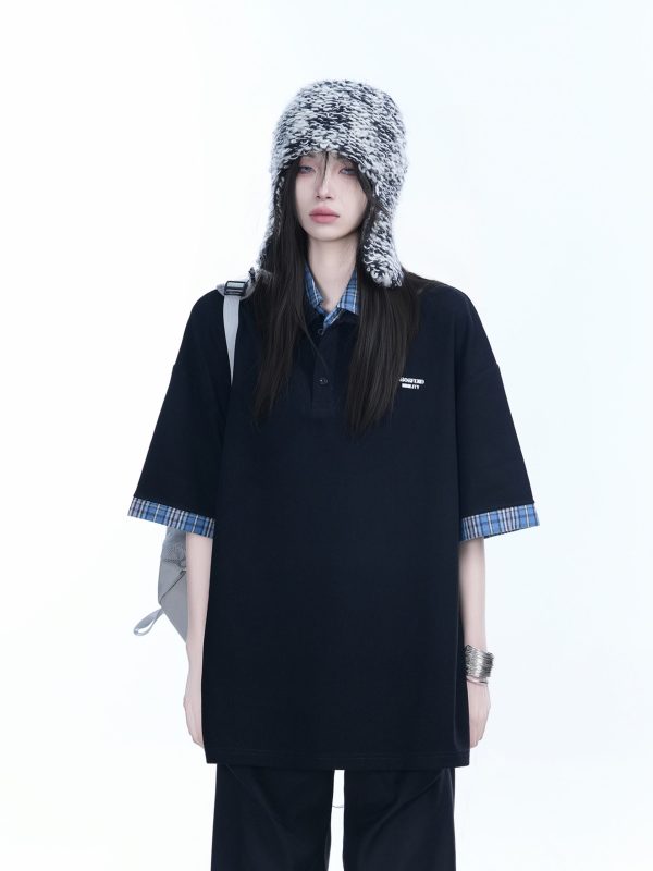 Trendy Fake Two-Piece Plaid Spliced Lapel Short Sleeve T-Shirt for Women - Loose Fit, Niche Design, Y2K Style