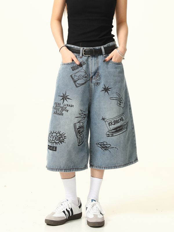 Trendy Graffiti Letter Denim Shorts for Men and Women - Loose Fit, American Retro Style, Streetwear Inspired, Casual Summer Pants