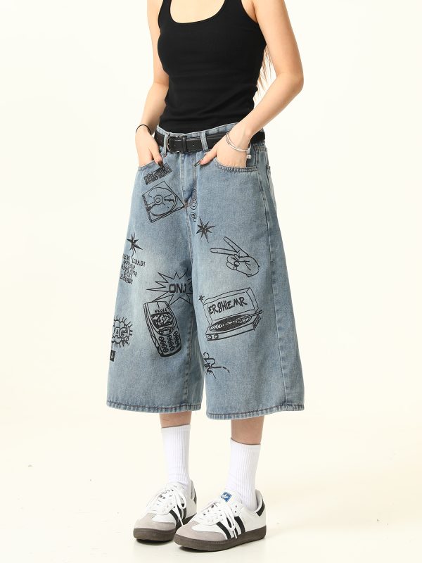 Trendy Graffiti Letter Denim Shorts for Men and Women - Loose Fit, American Retro Style, Streetwear Inspired, Casual Summer Pants