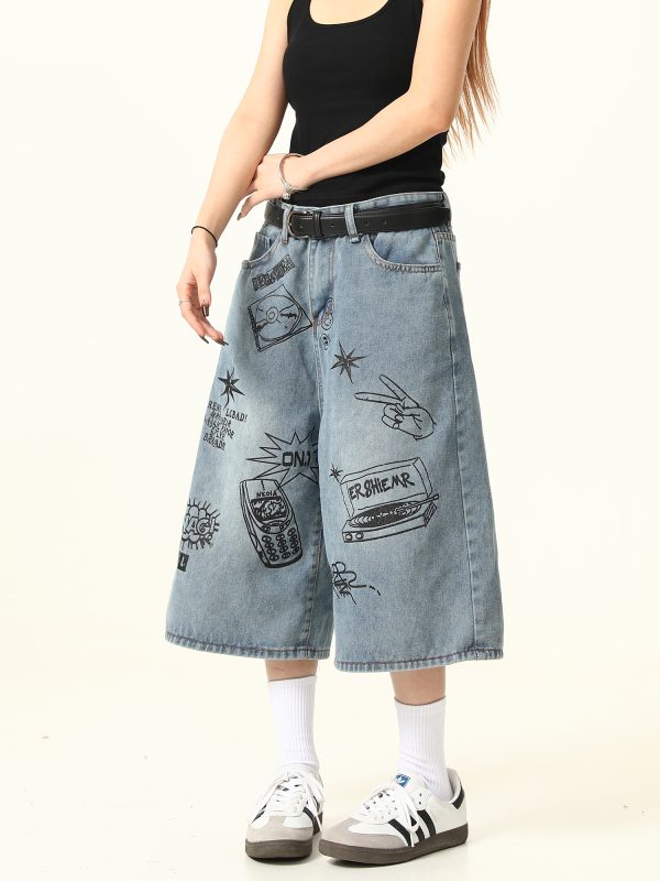 Trendy Graffiti Letter Denim Shorts for Men and Women - Loose Fit, American Retro Style, Streetwear Inspired, Casual Summer Pants