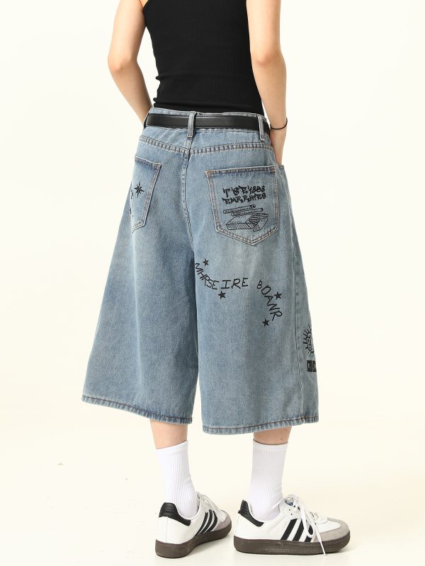 Trendy Graffiti Letter Denim Shorts for Men and Women - Loose Fit, American Retro Style, Streetwear Inspired, Casual Summer Pants
