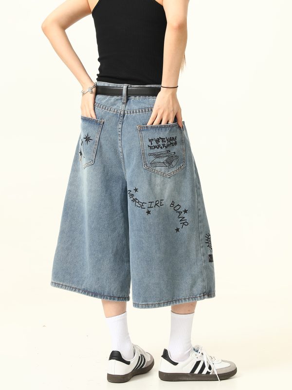 Trendy Graffiti Letter Denim Shorts for Men and Women - Loose Fit, American Retro Style, Streetwear Inspired, Casual Summer Pants